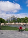 Street scene from Barcelona: an unidentified man sitting on the bench at the Placa dÃ¢â¬â¢Andre Malraux. Barcelona, Spain - May 5 201 Royalty Free Stock Photo